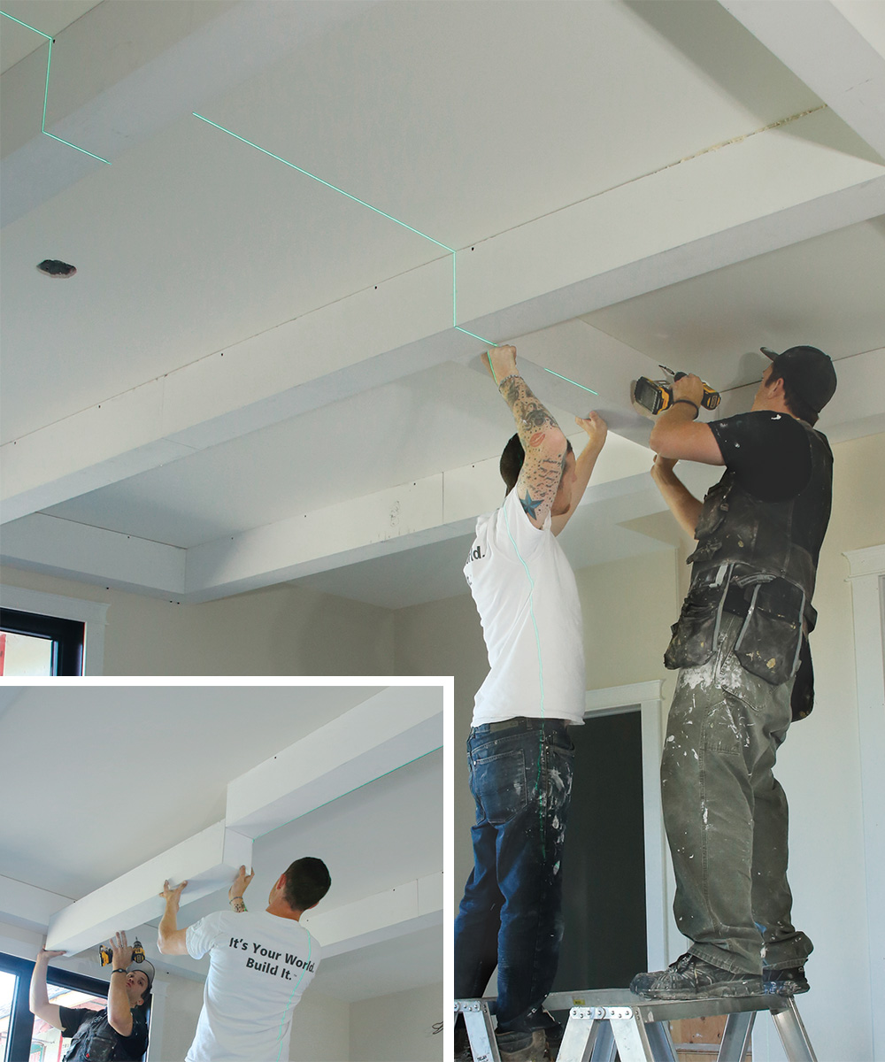 installing the coffered ceiling beams